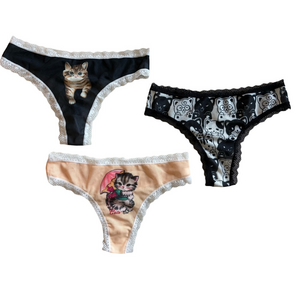 Cute Cat Print Thong Set with Lace Trim